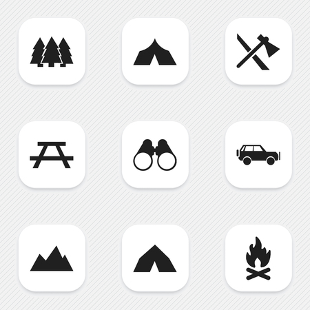 Set Of 9 Editable Camping Icons. Includes Symbols Such As Desk, Tomahawk, Fever And More. Can Be Used For Web, Mobile, UI And Infographic Design.のイラスト素材