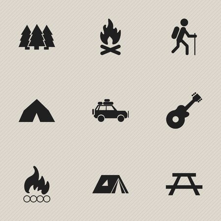 Set Of 9 Editable Travel Icons. Includes Symbols Such As Shelter, Fever, Tepee And More. Can Be Used For Web, Mobile, UI And Infographic Design.のイラスト素材