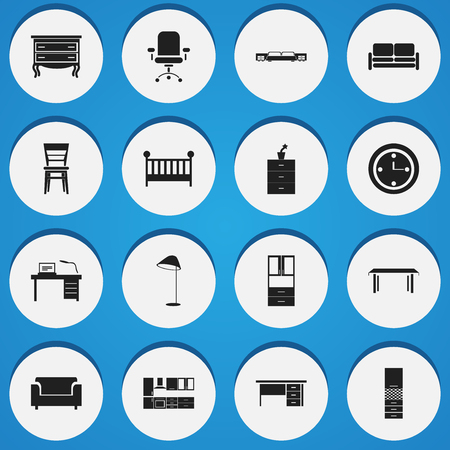 Set Of 16 Editable Furnishings Icons. Includes Symbols Such As Divan, Commode, Interior And More. Can Be Used For Web, Mobile, UI And Infographic Design.のイラスト素材
