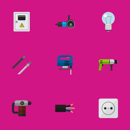 Set Of 9 Editable Instruments Icons. Includes Symbols Such As Wire, Jig Saw, Rosette And More. Can Be Used For Web, Mobile, UI And Infographic Design.のイラスト素材