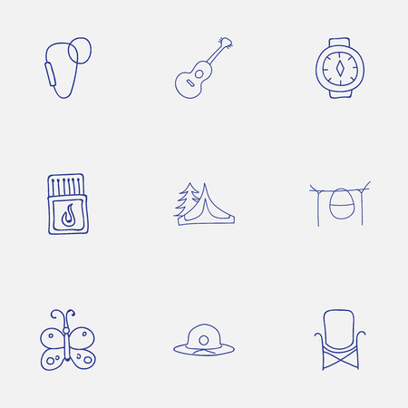 Set Of 9 Editable Camping Icons. Includes Symbols Such As Flammable Stick, Seat, Wrist Clock And More. Can Be Used For Web, Mobile, UI And Infographic Design.のイラスト素材