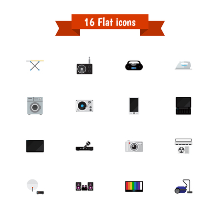 Set Of 16 Editable Technology Icons. Includes Symbols Such As Microphone, Camera, Tuner And More. Can Be Used For Web, Mobile, UI And Infographic Design.のイラスト素材