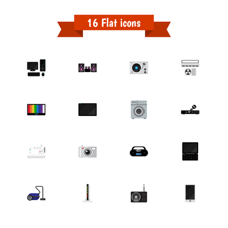 Set Of 16 Editable Home Icons. Includes Symbols Such As Tuner, Screen, Laundromat And More. Can Be Used For Web, Mobile, UI And Infographic Design.のイラスト素材