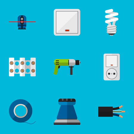 Set Of 9 Editable Electric Icons. Includes Symbols Such As Lightbulb, Wire, Adhesive And More. Can Be Used For Web, Mobile, UI And Infographic Design.のイラスト素材