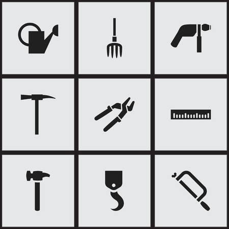 Set Of 9 Editable Instrument Icons. Includes Symbols Such As Handsaw, Repairing Tool, Crane. Can Be Used For Web, Mobile, UI And Infographic Design.のイラスト素材