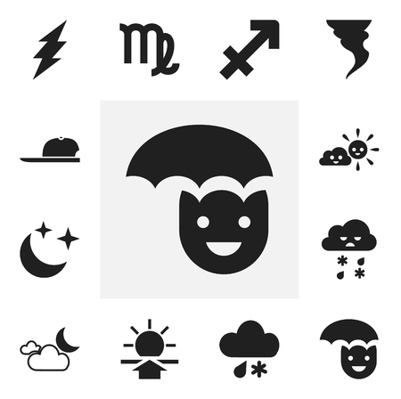 Set Of 12 Editable Weather Icons. Includes Symbols Such As Sleet, Hat, Virgin And More. Can Be Used For Web, Mobile, UI And Infographic Design.のイラスト素材