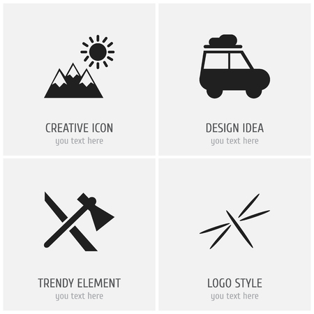 Set of 4 editable camping icons. Includes symbols such as dragonfly, caravan, pinnacle and more. Can be used for web, mobile, UI and infographic design.