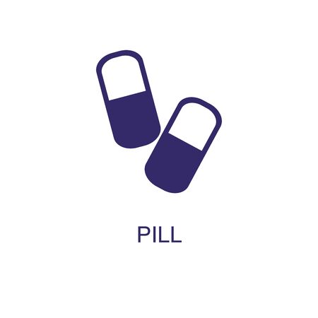 Pill element in flat simple style on white background. Pill icon, with text name concept templateのイラスト素材
