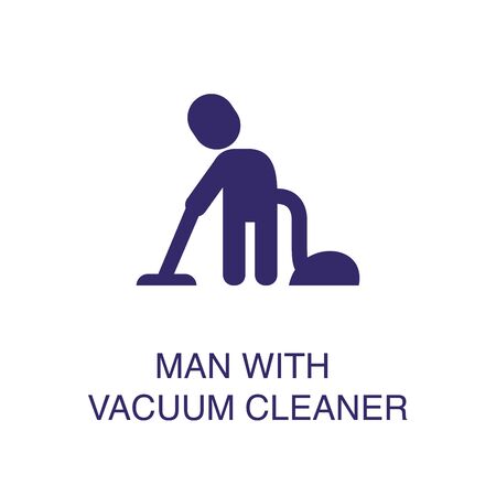 Man with vacuum cleaner element in flat simple style on white background. Man with vacuum cleaner icon, with text name concept templateのイラスト素材