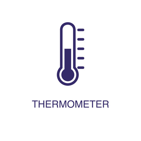 Thermometer element in flat simple style on white background. Thermometer icon, with text name...