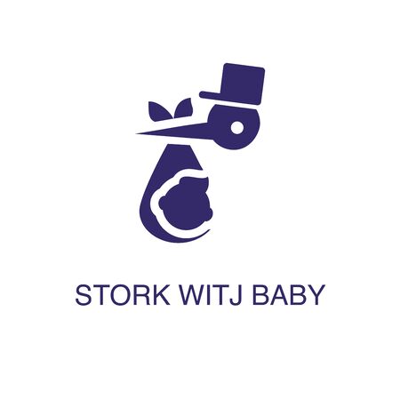 Stork with baby element in flat simple style on white background. Stork with baby icon, with text name concept templateのイラスト素材