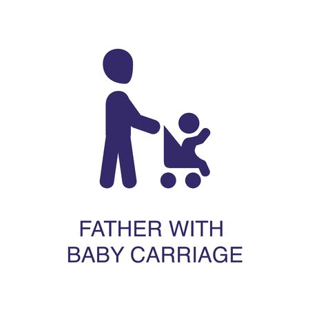 Father with baby carriage element in flat simple style on white background. Father with baby carriage icon, with text name concept templateのイラスト素材