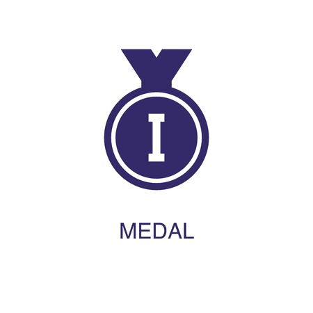 Medal element in flat simple style on white background. Medal icon, with text name concept template