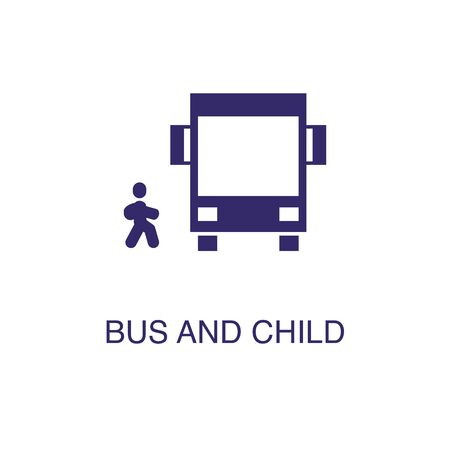 Bus and child element in flat simple style on white background. Bus and child icon, with text name concept templateのイラスト素材