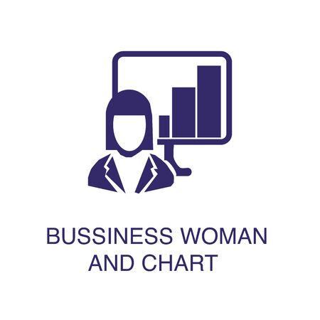 Businesswoman and chart element in flat simple style on white background. Businesswoman and chart icon, with text name concept templateのイラスト素材
