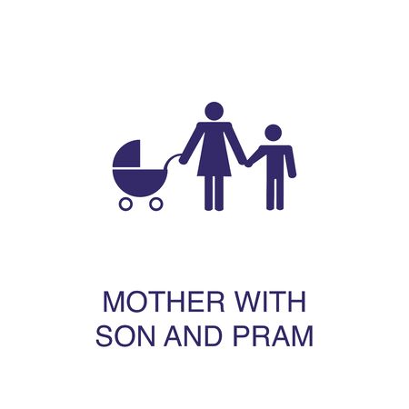Woman with son and pram element in flat simple style on white background. Woman with son and pram icon, with text name concept templateのイラスト素材