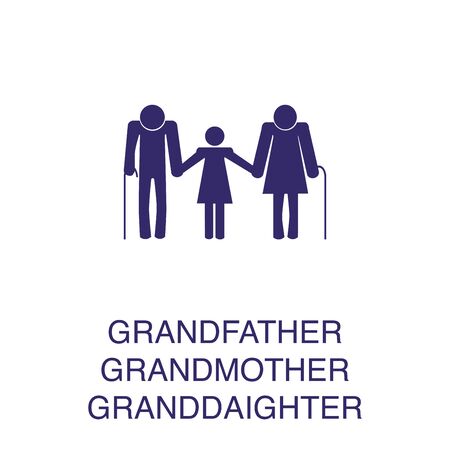 Grandfather, grandmother and granddaughter element in flat simple style on white background. Grandfather, grandmother and granddaughter icon, with text name concept templateのイラスト素材