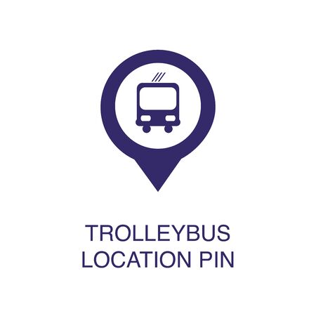 Trolleybus location pin element in flat simple style on white background. Trolleybus location pin icon, with text name concept templateのイラスト素材