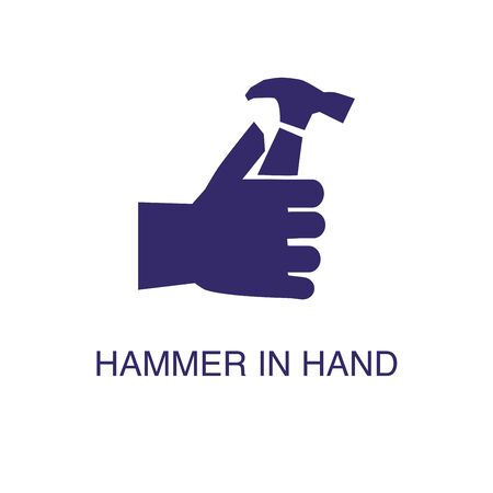 Hammer in hand element in flat simple style on white background. Hammer in hand icon, with text name concept templateのイラスト素材