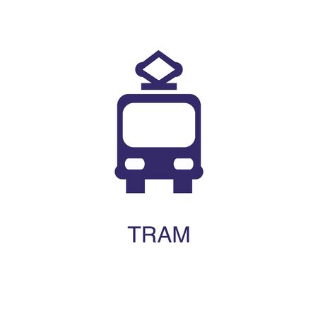 Tram element in flat simple style on white background. Tram icon, with text name concept templateのイラスト素材