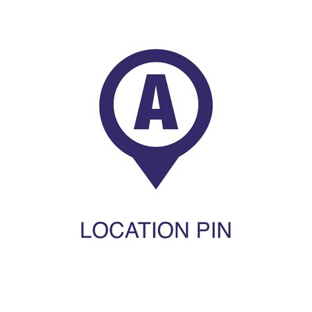 Location pin element in flat simple style on white background. Location pin icon, with text name concept templateのイラスト素材