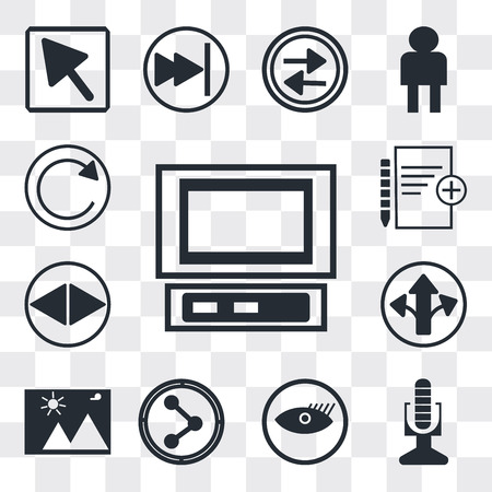Set Of 13 simple editable icons such as Laptop frontal monitor, Broadcast microphone, Watch dark eye, Share, Landscape Image, Turn right arrow, Navigation web ui icon packのイラスト素材