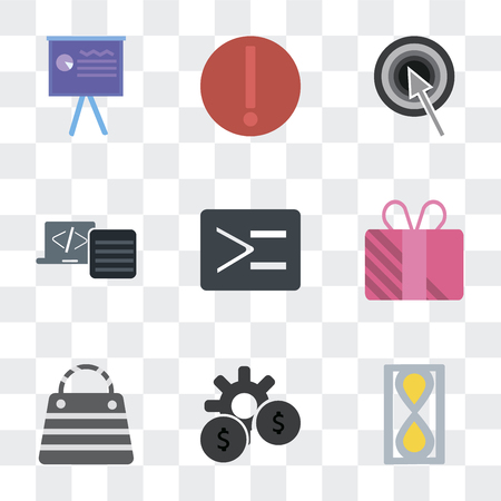 Set Of 9 simple transparency icons such as Hourglass, Optimization, Bag, Offer, Coding, Target, Risk, Presentation, can be used for mobile, pixel perfect vector icon pack on transparentのイラスト素材