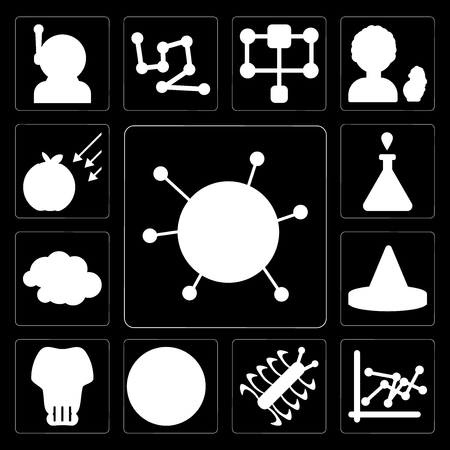 Set Of 13 simple editable icons such as Microorganisms, Line chart, Bacteria, Planet earth, Skull, Cone, Cloudy, Test tube, Gravity on black backgroundのイラスト素材