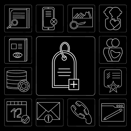 Set Of 13 simple editable icons such as Price tag, Browser, Phone call, Mail, Calendar, Notepad, Database, User, Notebook on black backgroundのイラスト素材