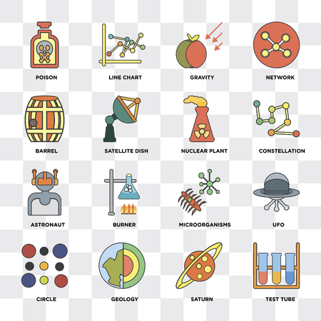 Set Of 16 icons such as Test tube, Saturn, Geology, Circle, Ufo, Poison, Barrel, Astronaut, Nuclear plant on transparent background, pixel perfectのイラスト素材