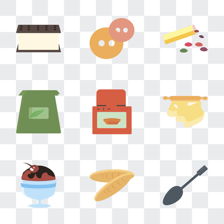 Set Of 9 simple transparency icons such as Spoons, Bread, Ice cream, Rolling pin, Oven, Tea bag, Bonbon, can be used for mobile, pixel perfect vector icon pack on transparentのイラスト素材