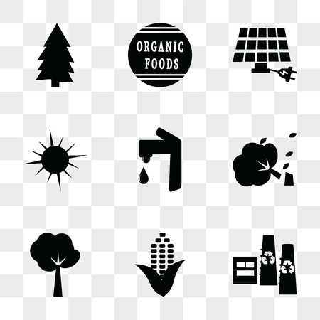 Set Of 9 simple transparency icons such as Recycling factory, Corn, Tree of circular foliage, Wind bending Tree, Water tap, Sunlight, Eco energy power, 100 percent natural products tag, Pine, can beのイラスト素材