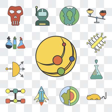 Set Of 13 simple editable icons such as Solar system, Mouse, Geology, Space ship, Structure, Test tube, Distribution, Bacteria, Chemistry on transparent backgroundのイラスト素材