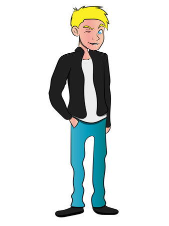 Standing Cartoon Character Wink Eye Wearing Shirt & Jeanのイラスト素材