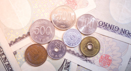 Japanese yen notes and Japanese yen coins for money concept background