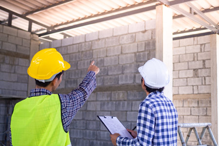Engineers or architects with customers or contractors are discussing the details of fixing the...