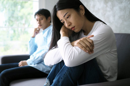 Couples are bored, stressed, upset and irritated after quarreling. Family crisis and relationship...