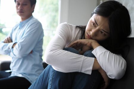 Couples are bored, stressed, upset and irritated after quarreling. Family crisis and relationship problems that come to an endの写真素材