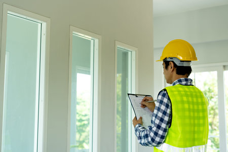 The inspector or engineer is checking the building structure and the order in the house. After the...