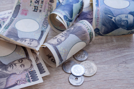 Japanese yen notes and Japanese yen coins for money concept backgroundの写真素材