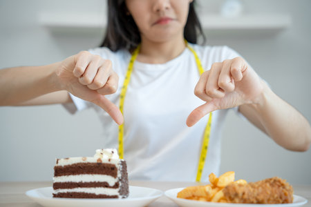 Beautiful teenage girls refuse to eat sweets and fried foods such as cakes, fried chicken. During the weight loss and fitness court.の写真素材