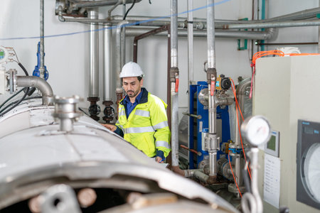 Engineers or factory managers wearing hard hats inspect the machines in the production line. The...