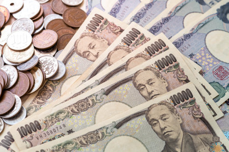 Japanese yen notes and Japanese yen coins for money concept background. save concept.の写真素材