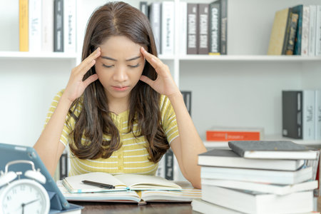 Asian student woman have anxiety because of exams, male prepare for test and learning lessons in the...