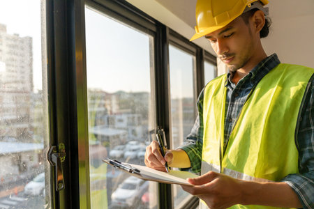 inspector or engineer is inspecting construction and quality assurance new house using a checklist....