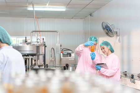 A quality supervisor or food or beverages technician discuss about process control of food and drugs...