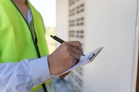 Contactor  or engineer is inspecting construction and quality assurance new house using a level....