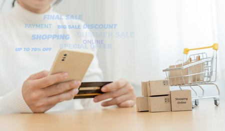 woman using smartphone for online shopping at home. stay home, technology, electronic commerce, internet, market place, final or summer or big sale, payment, discount for credit, offer, Low priceの写真素材
