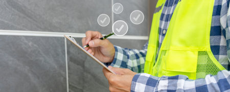 inspector or engineer is inspecting construction and quality assurance new house using a checklist....