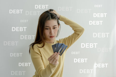 Stressed and headache asian woman with large bills or invoices no money to pay to expenses and credit card debt. shortage, Financial problems, mortgage, loan, bankruptcy, bankrupt, poor, empty walletの写真素材